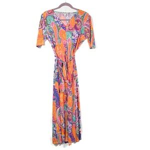 Chaus New York Maxi Dress Paisley Print V Neck Short Sleeve Belted Sz M coquette